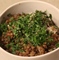 Lentils with Vermont Salumi Red Wine and Garlic Sausage
