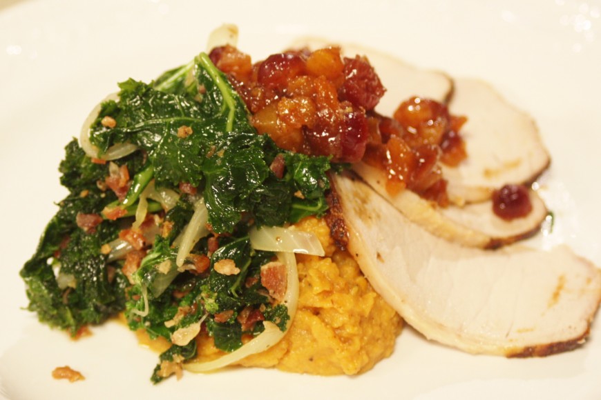 Roasted Loin of Pork with Sweet Potato Mash, Wilted Kale, and Maple Cranberry & Apple Chutney