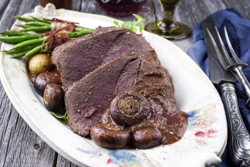 Pan Roasted Venison with Ras el Hanout, Parsnip Puree, Lingonberry Gastrique, Fingerling Potatoes, and Thyme