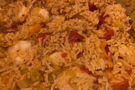 Jambalaya with lobster stock and Shrimp