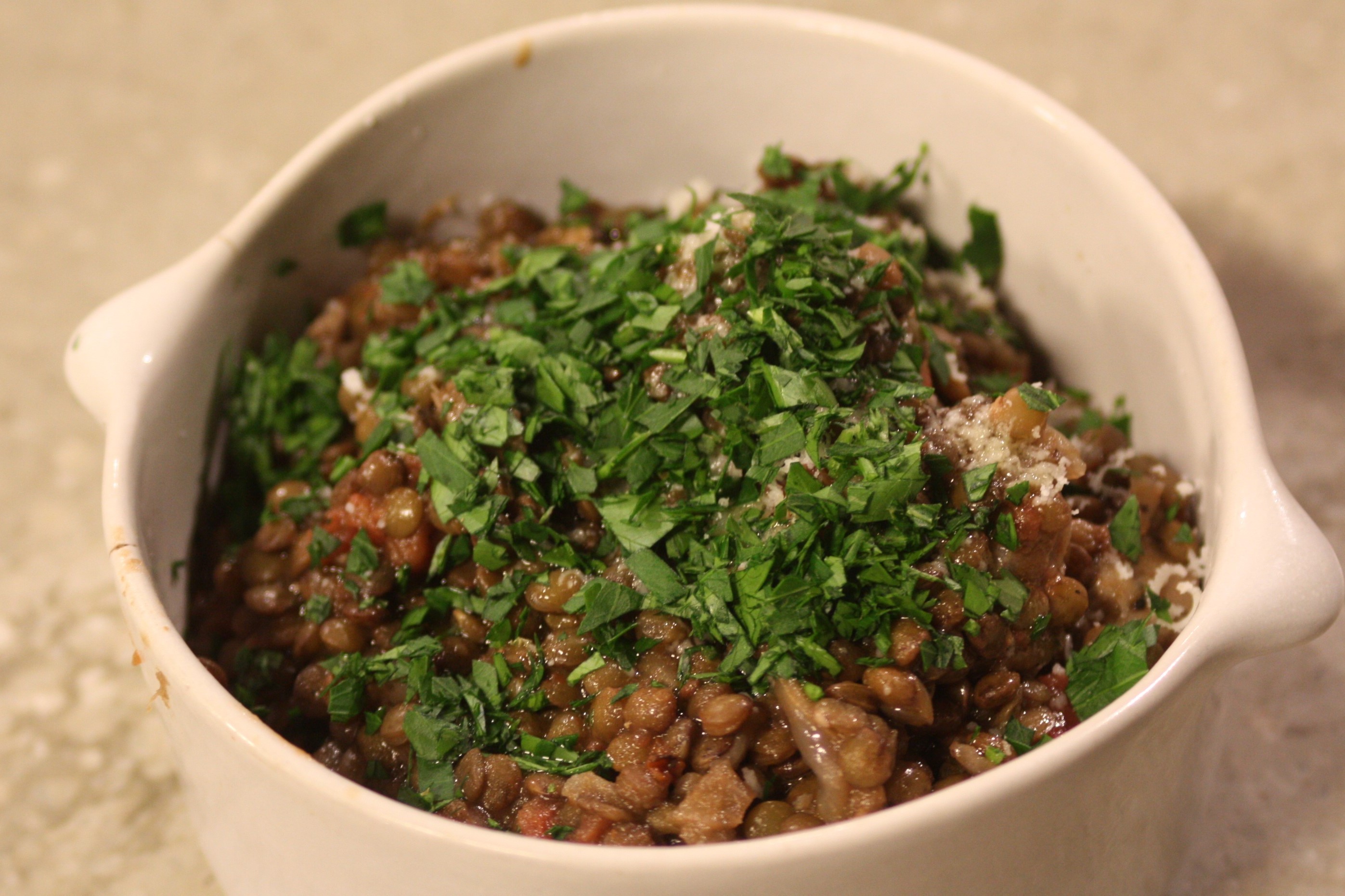 Lentils with Vermont Salumi Red Wine and Garlic Sausage