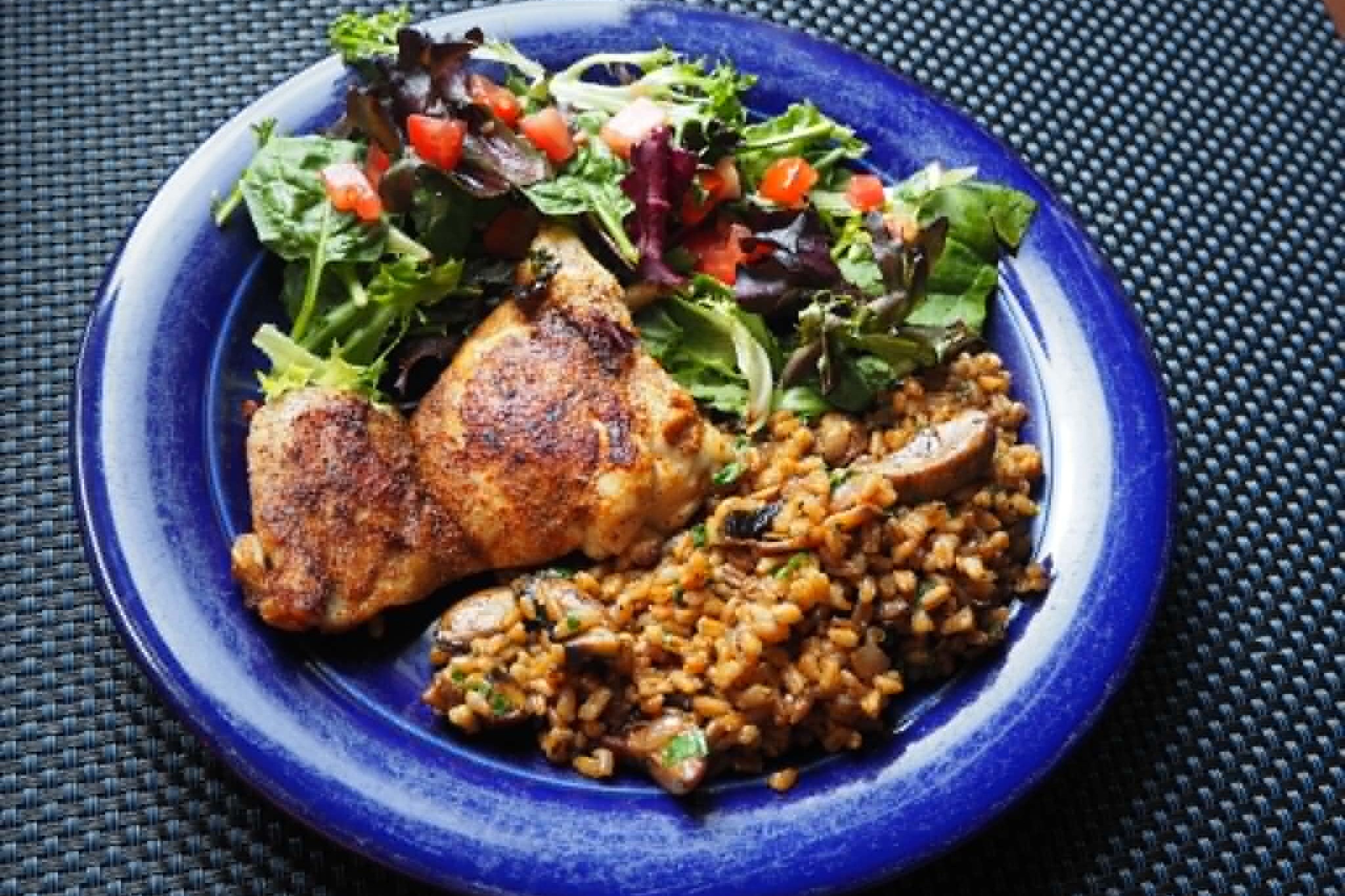 Paprika Chicken and Warm Farro with Mushrooms and Thyme